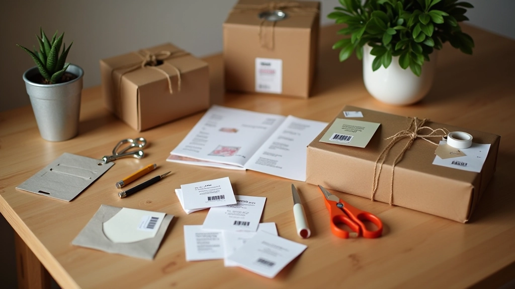 Bureau de travail avec matériel de packaging, ciseaux, ruban, étiquettes personnalisées, caisse d'expédition, espace de travail d'un vendeur Etsy