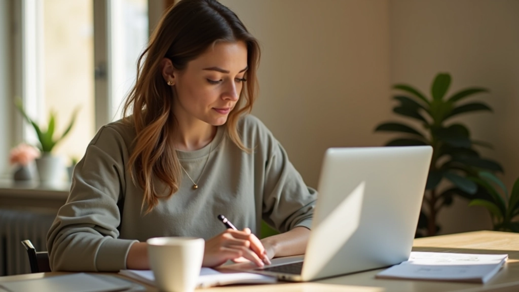 Journal d'une blogueuse travaillant à son bureau avec un ordinateur portable et un café
