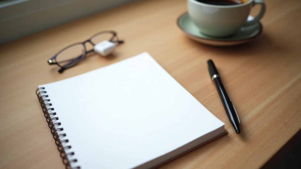 Pile de carnets et de stylos sur une table en bois, avec une tasse de café, organisation du contenu, lumière naturelle douce