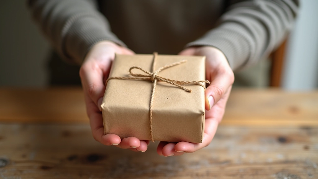 Mains tenant un paquet Etsy enveloppé avec soin, préparé pour l'expédition, table en bois avec matériel d'emballage écologique