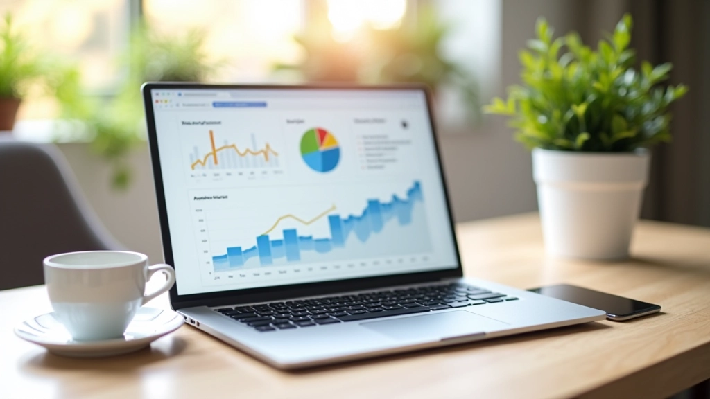 Ordinateur portable affichant un graphique de croissance des revenus YouTube, bureau professionnel avec café et cahier de notes