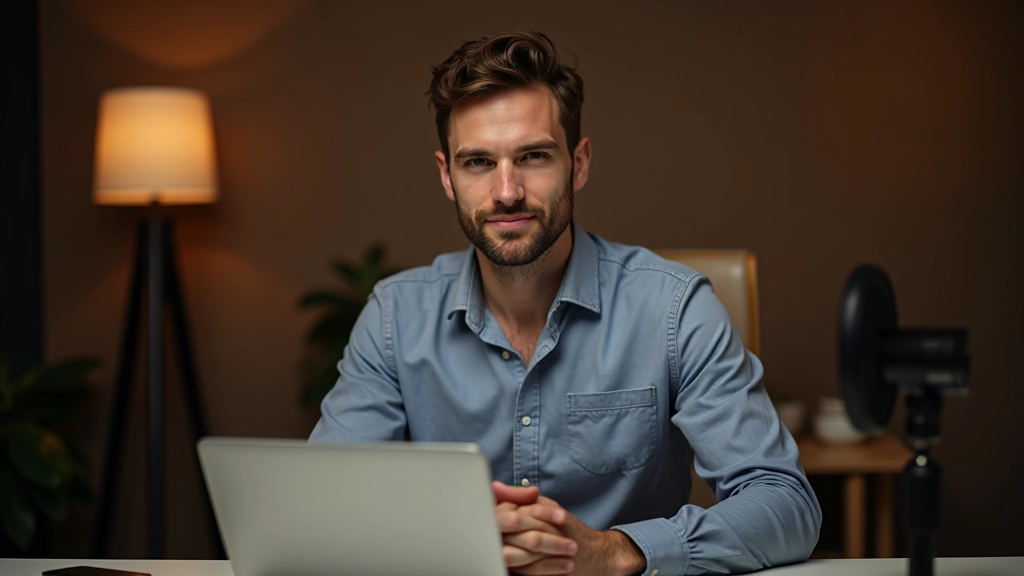 Créateur de contenu assis devant une caméra et un microphone dans un petit studio home studio, équipement de production visible, ambiance professionnelle