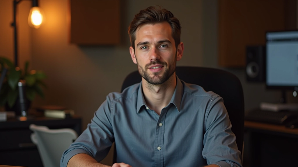 Créateur de contenu face à la caméra dans un studio home, équipement professionnel visible, ambiance créative