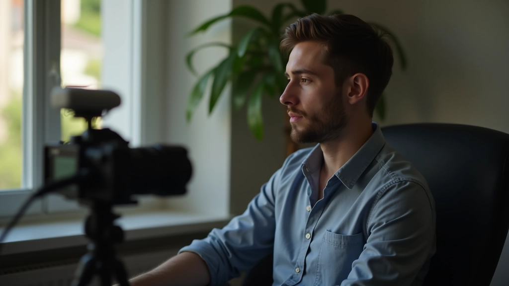Créateur de contenu enregistrant une vidéo dans un petit studio maison avec caméra et microphone, équipement simple mais fonctionnel, lumière naturelle