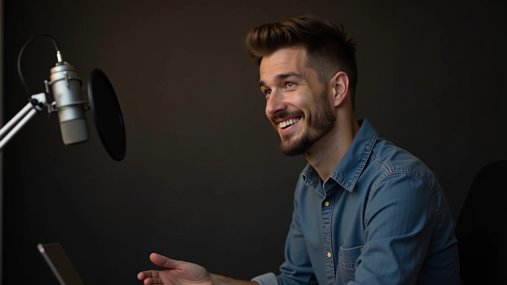 Créateur de contenu assis devant caméra et microphone dans un petit studio home studio, équipement professionnel visible