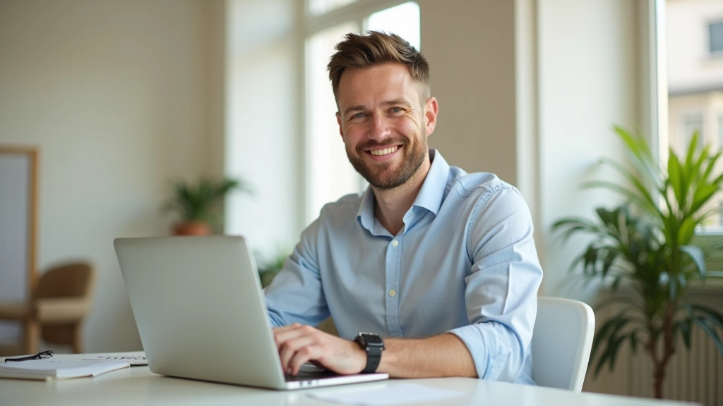 Homme portant des lunettes assis à un bureau, souriant à l'écran de son ordinateur, espace de travail ensoleillé, portrait professionnel