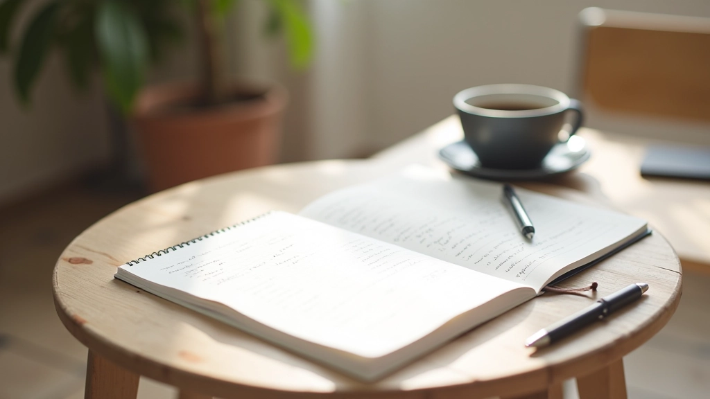 Cahier ouvert avec des notes manuscrites, des listes de mots-clés Etsy et des idées de produits, stylo et café à côté, bureau en bois clair