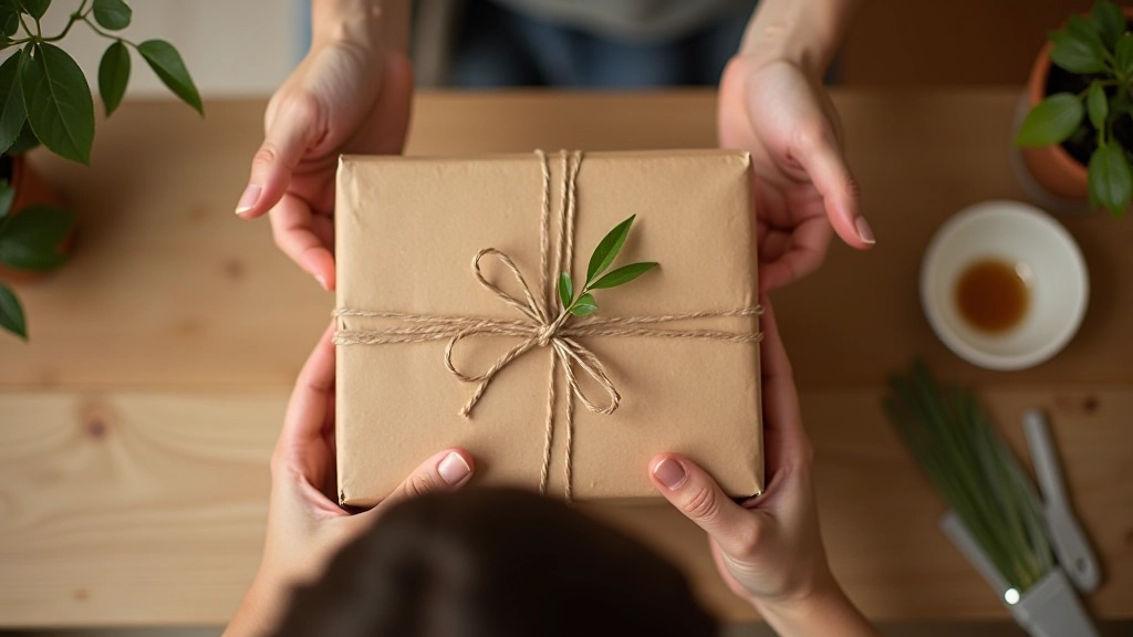 Mains préparant un colis pour expédition, matériel d'emballage écologique, table en bois