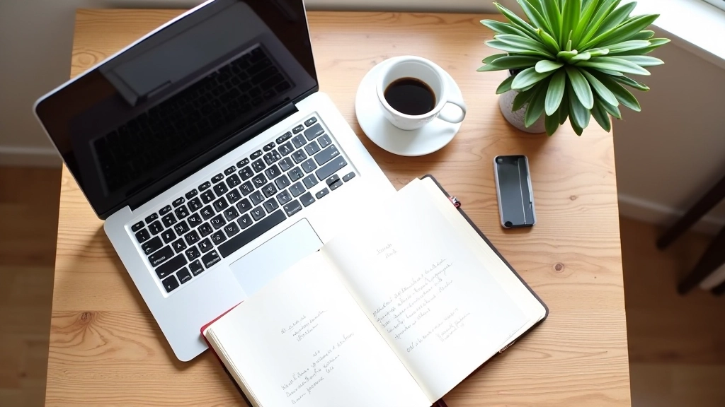 Vue de dessus d'un bureau avec ordinateur portable, journal de planification ouvert, café, plantes vertes, espace de travail bien organisé