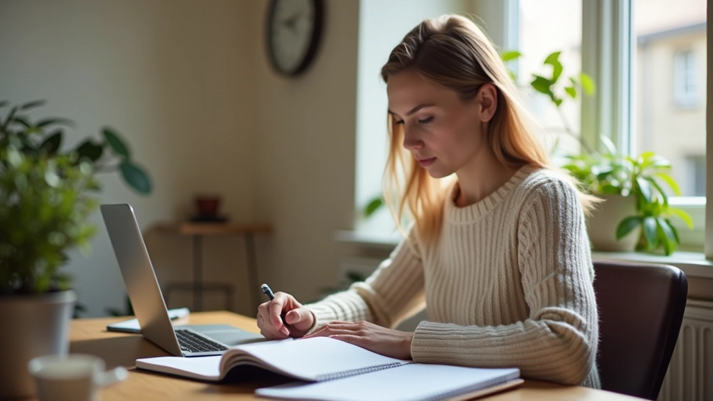 Personne travaillant à son bureau avec plusieurs écrans, documents étalés, environnement créatif avec plantes, lumière naturelle douce
