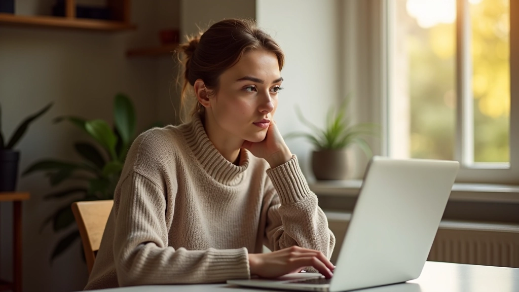 Personne assise à un bureau, regardant un ordinateur portable avec une expression déterminée, espace de travail minimaliste, lumière douce de l'après-midi