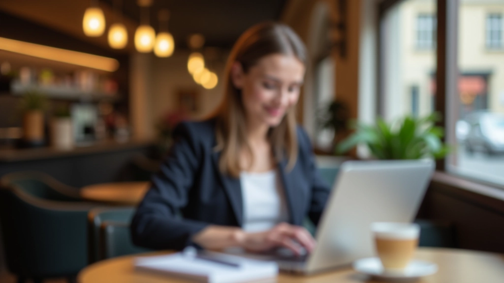 Freelanceur travaillant sur ordinateur portable dans un café, ordinateur portable ouvert, carnet de notes à côté, environnement de travail flexible