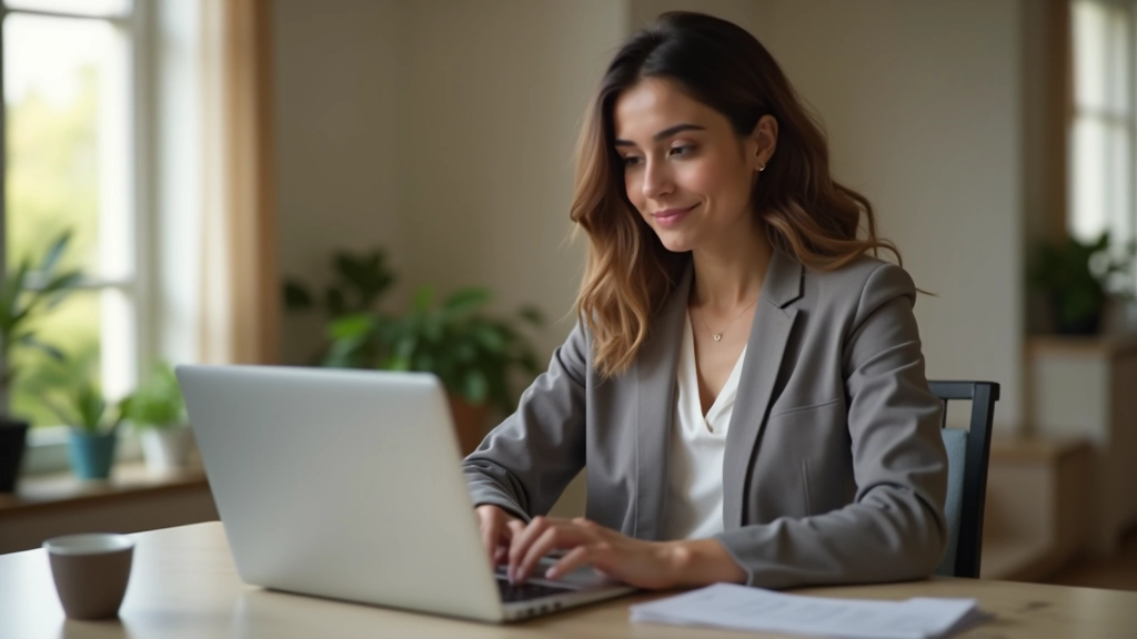 Blogueuse travaillant sur son ordinateur portable, écran affichant des statistiques, petit bureau à domicile avec lumière naturelle