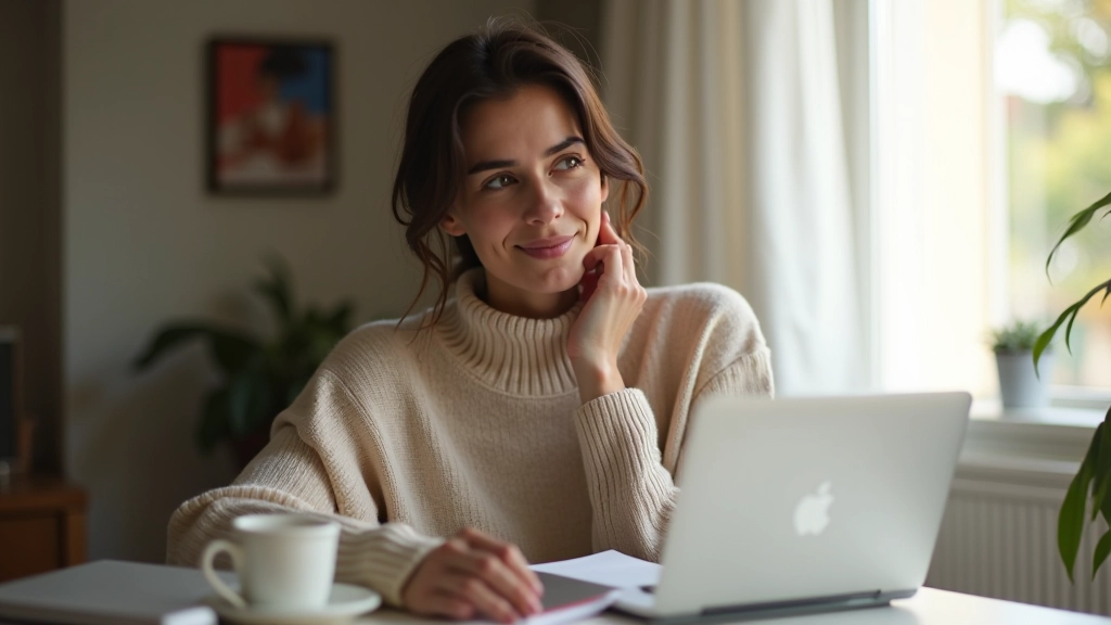Femme travaillant sur son ordinateur portable dans un petit espace de bureau à domicile, écran montrant un tableau de bord de blog, lumière naturelle du matin